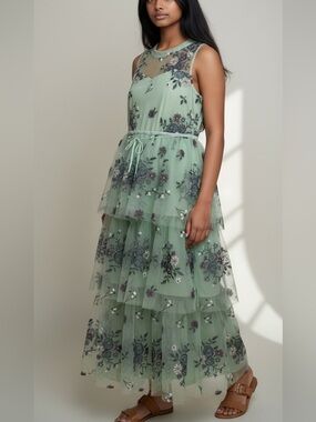 Girls Mint Green Floral Tiered Tulle Dress size 10